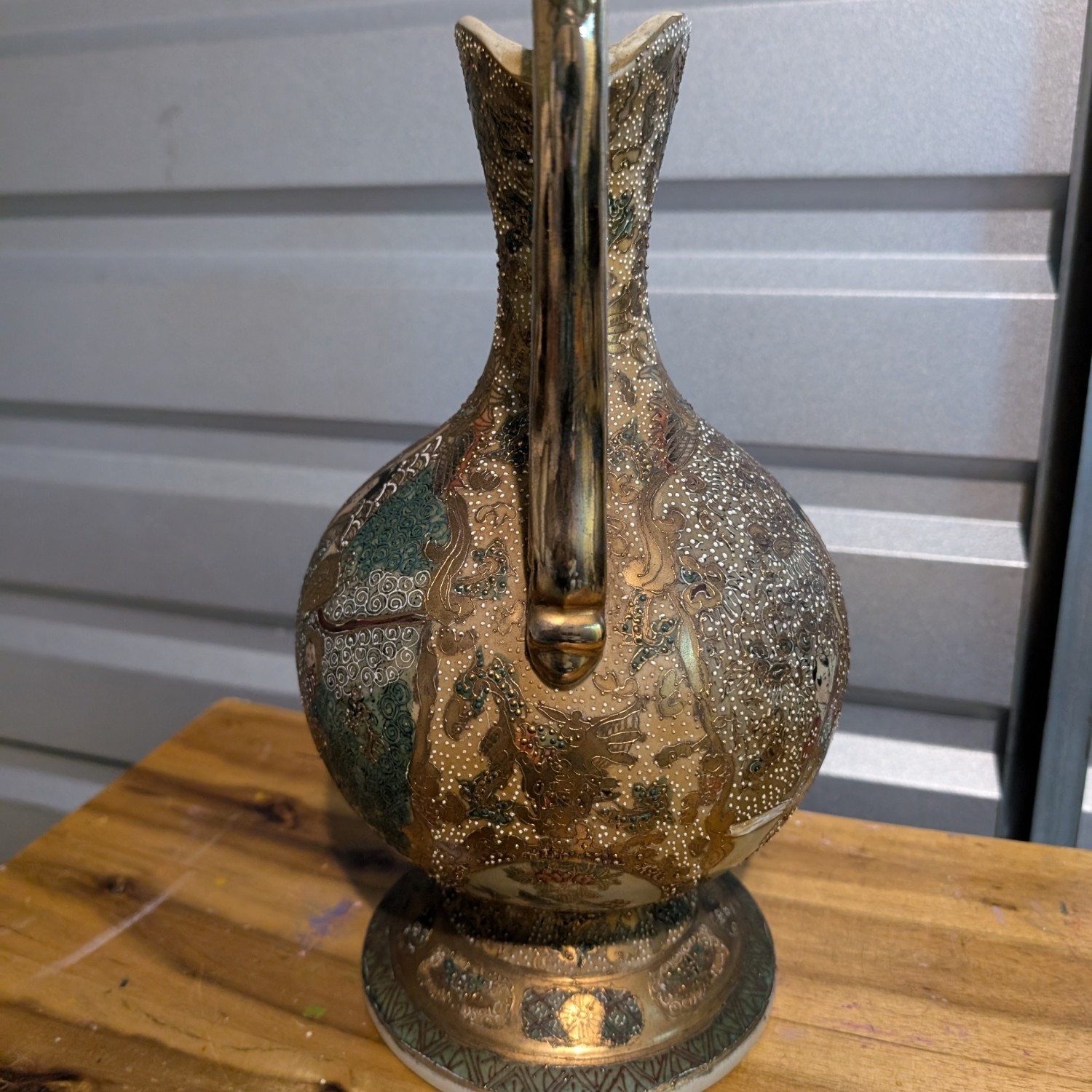 Vintage Chinese textured Satsuma vase with handles 14” tall