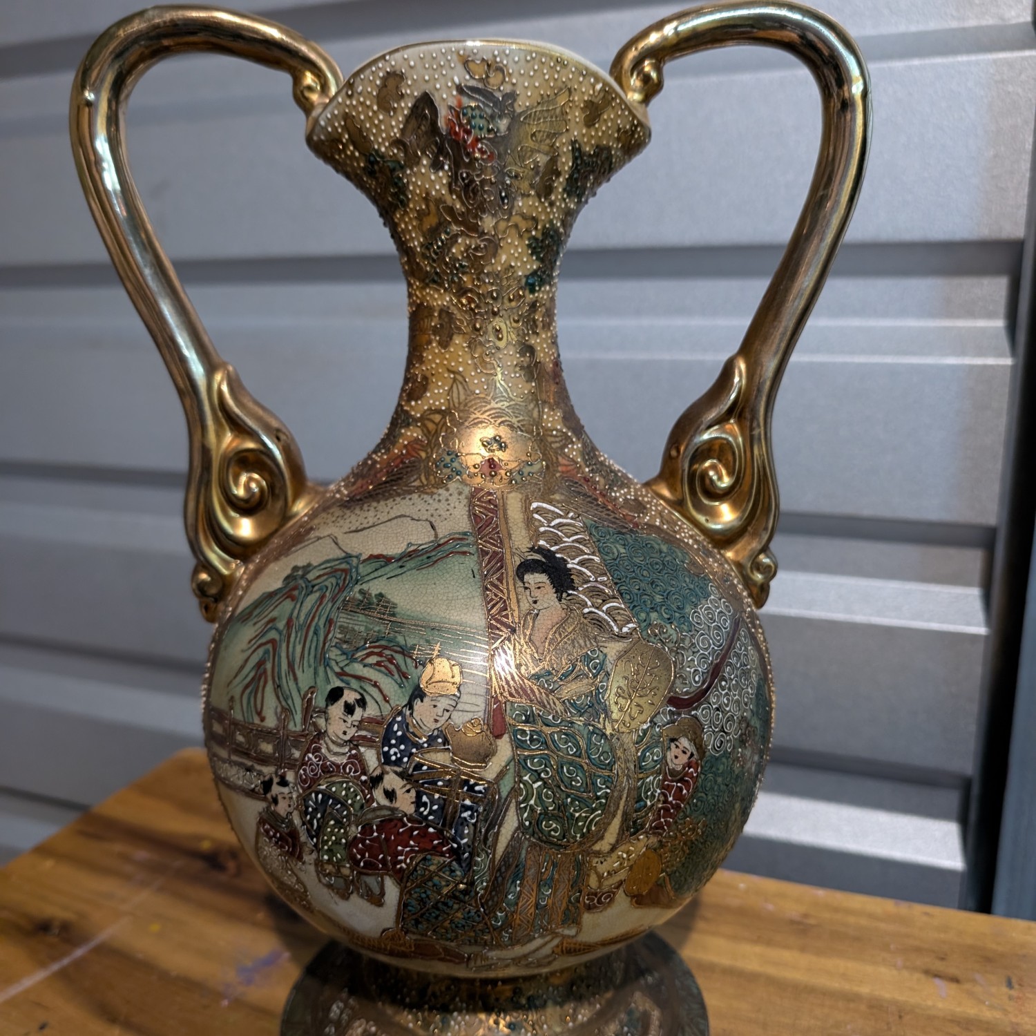 Vintage Chinese textured Satsuma vase with handles 14” tall