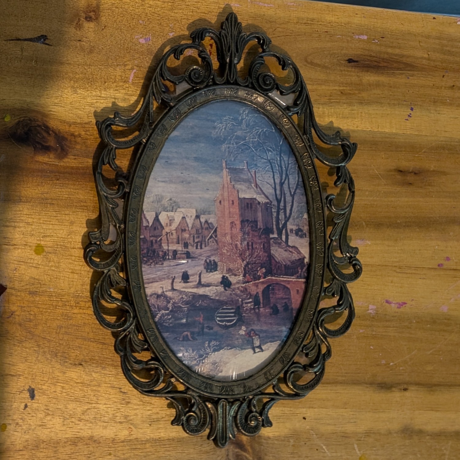 Vintage Italian Ornate Oval Brass Metal Photo Frames with Prints ( 8 1/2” x 5 1/2”)