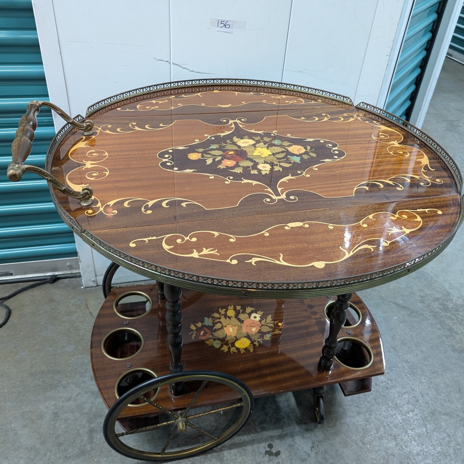 Vintage Italian Marquetry Two Tier Drop-Leaf Dessert/Bar Cart Trolley