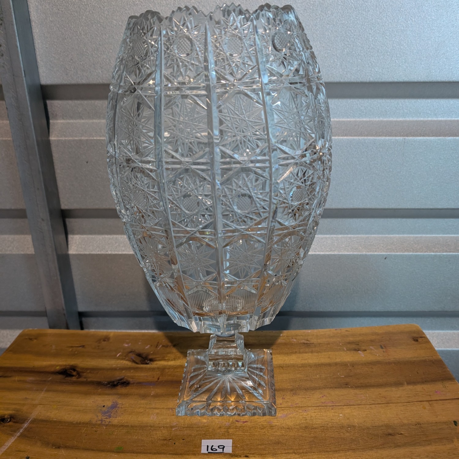 Vintage Queens Lace Cut Crystal Pedestal Oval Shaped Vase