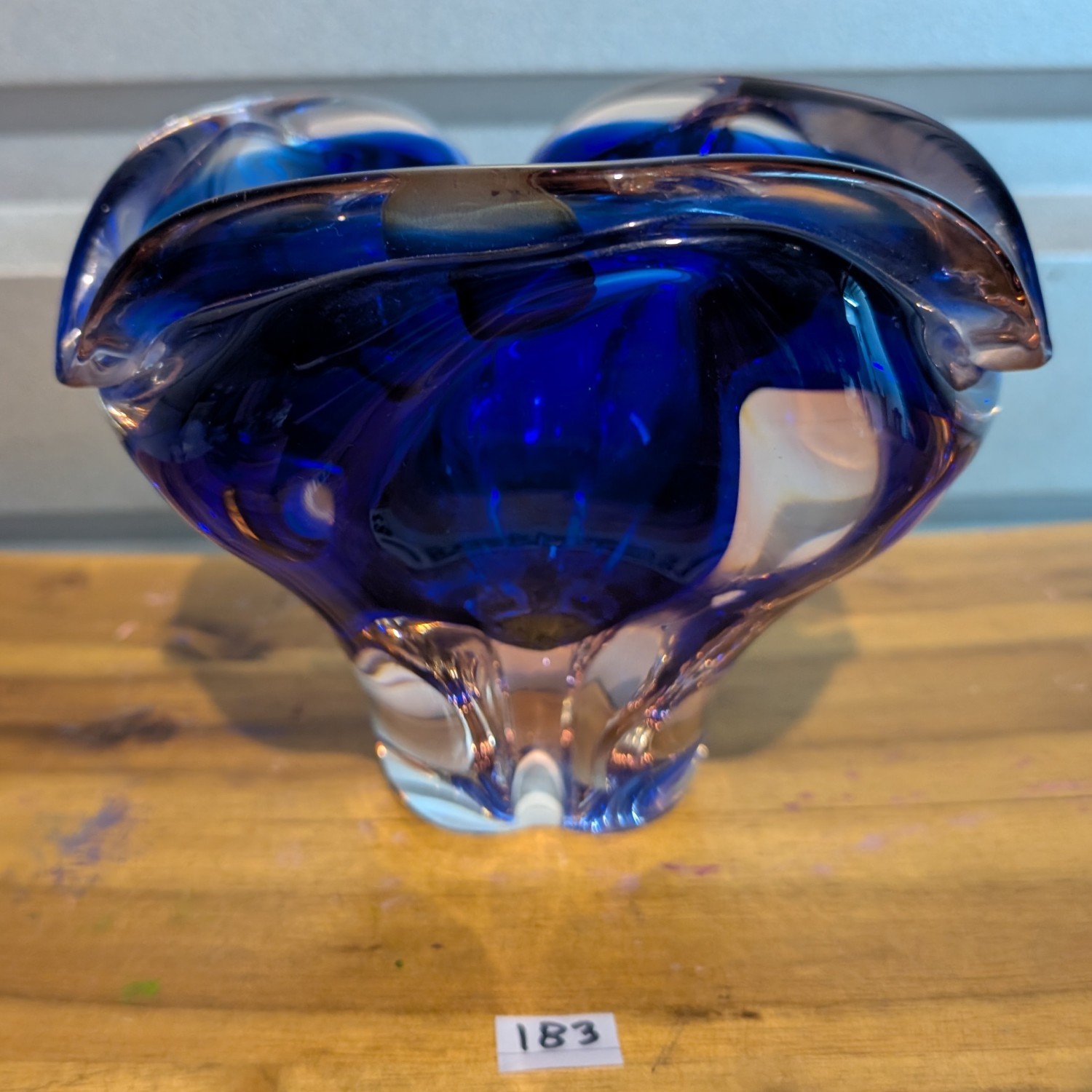 Vintage Czech Bohemia blue handmade art glass bowl/vase