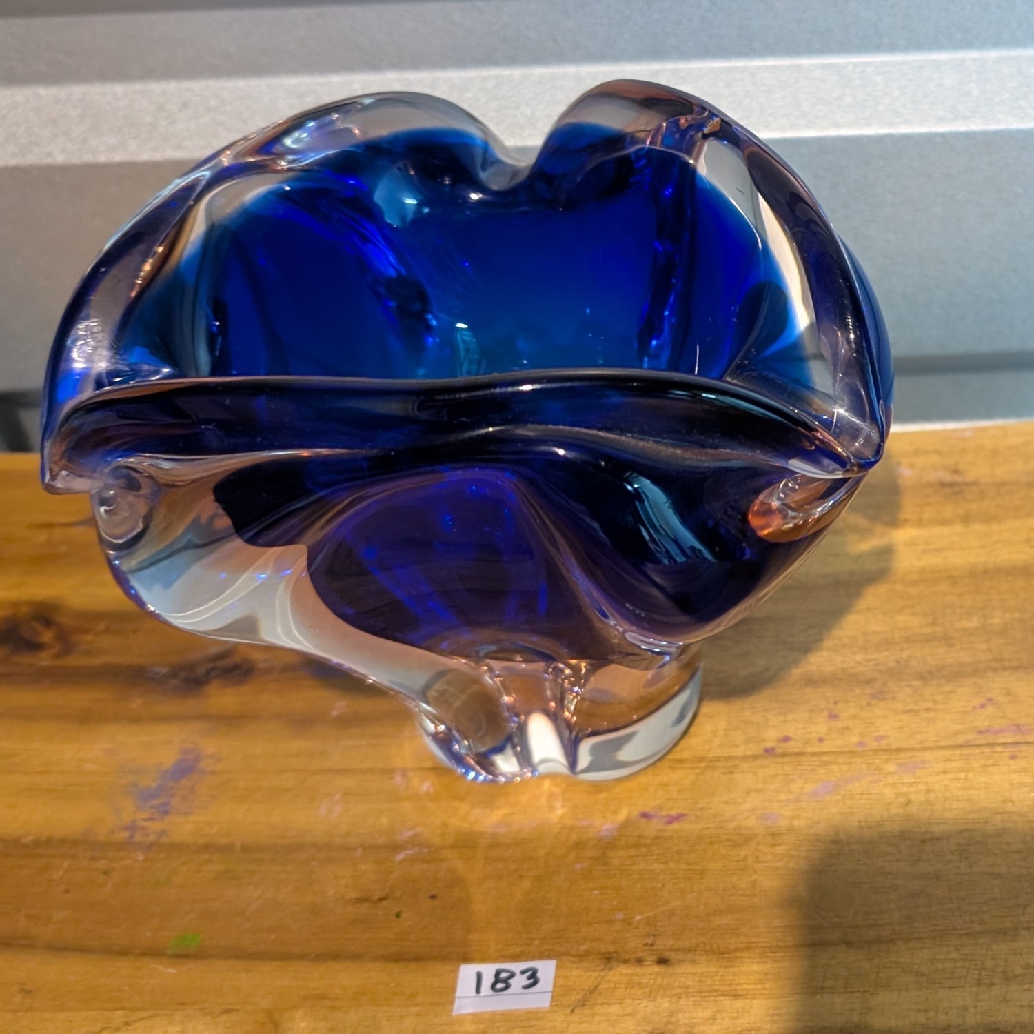 Vintage Czech Bohemia blue handmade art glass bowl/vase