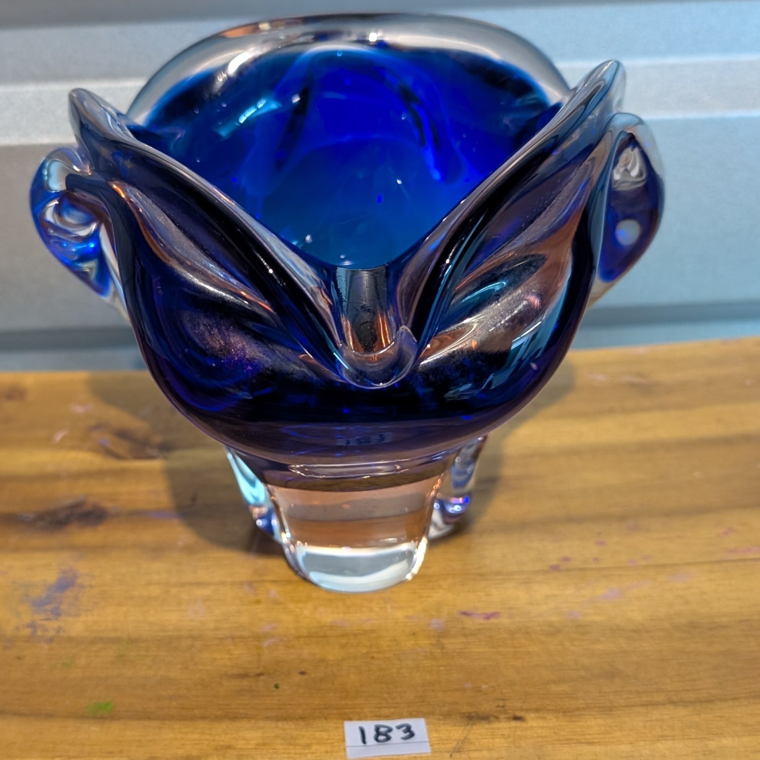Vintage Czech Bohemia blue handmade art glass bowl/vase