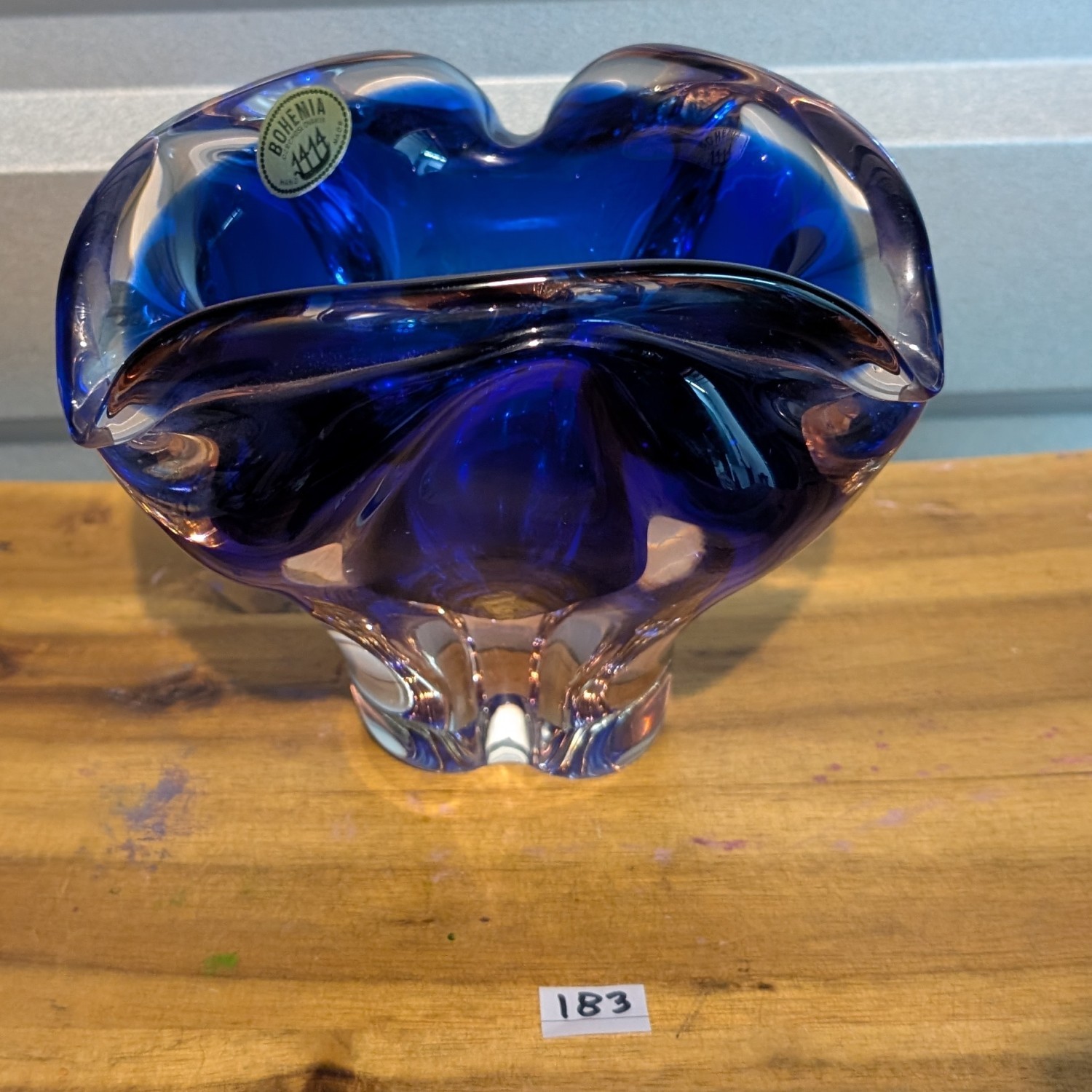 Vintage Czech Bohemia blue handmade art glass bowl/vase