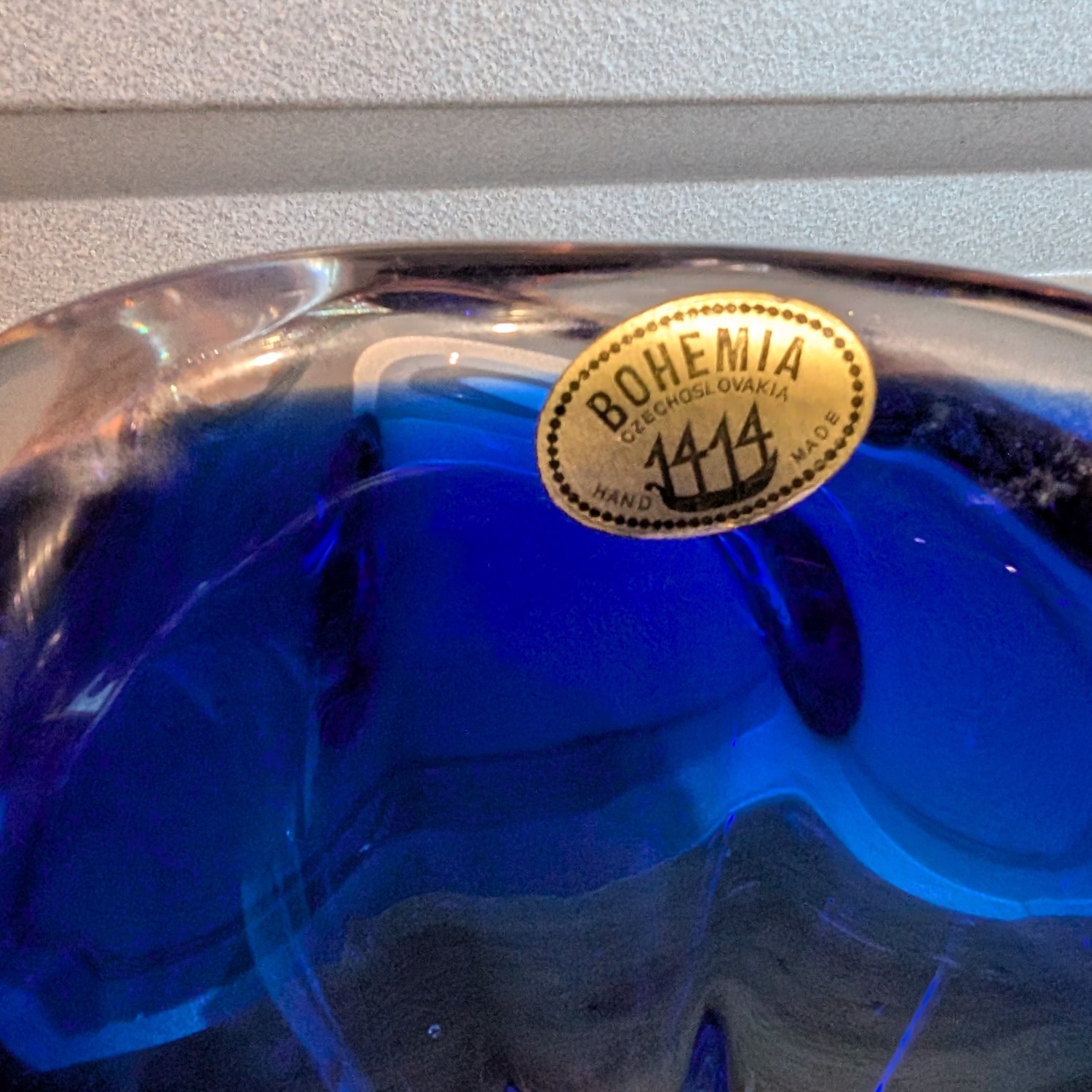Vintage Czech Bohemia blue handmade art glass bowl/vase