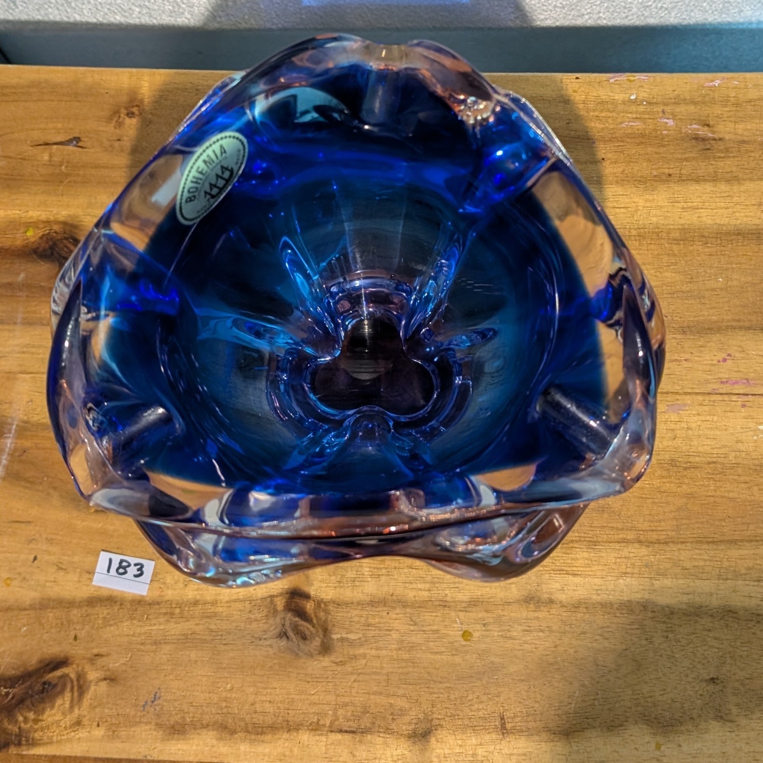Vintage Czech Bohemia blue handmade art glass bowl/vase