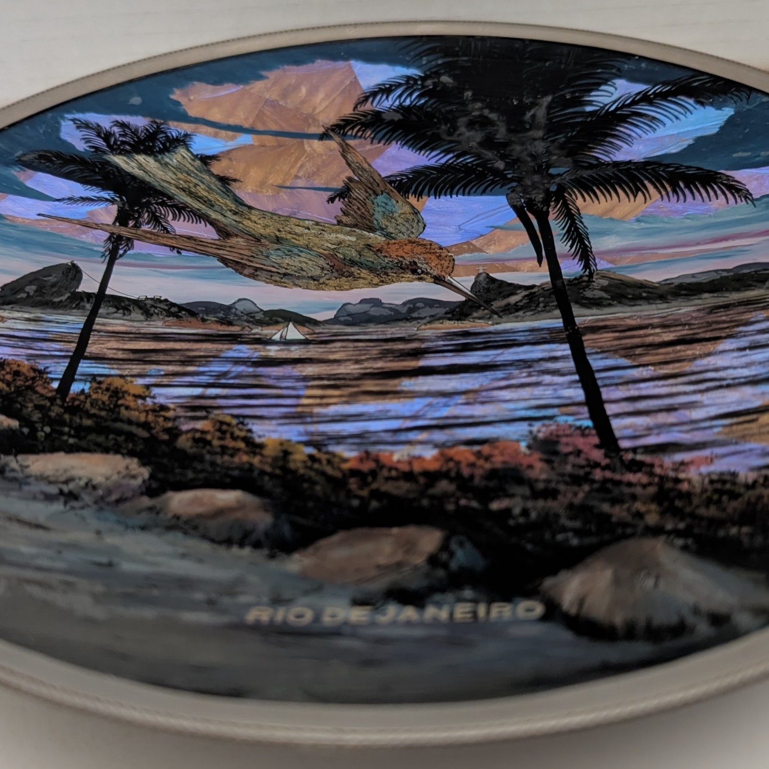 Vintage Rio de Janeiro butterfly wing plate hanging decorative Brazil palm trees