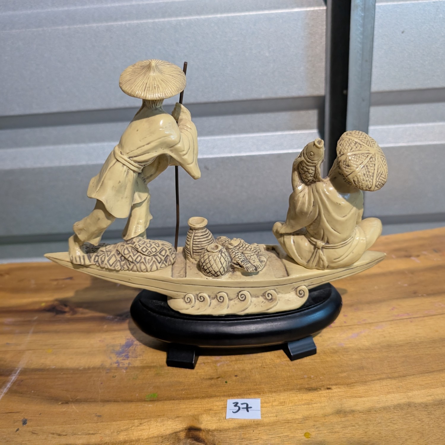 Chinese Men Fishing from a Boat Ivory-look Resin