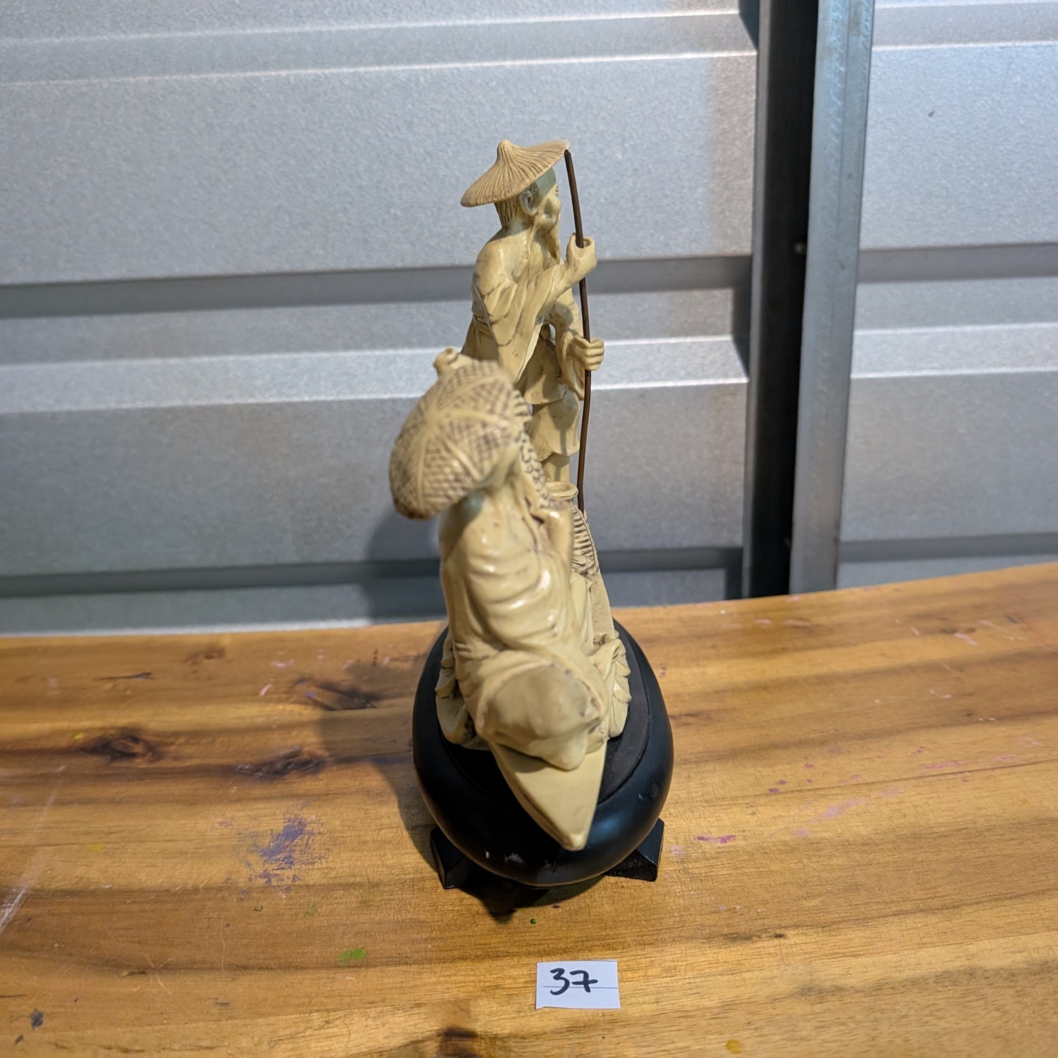 Chinese Men Fishing from a Boat Ivory-look Resin
