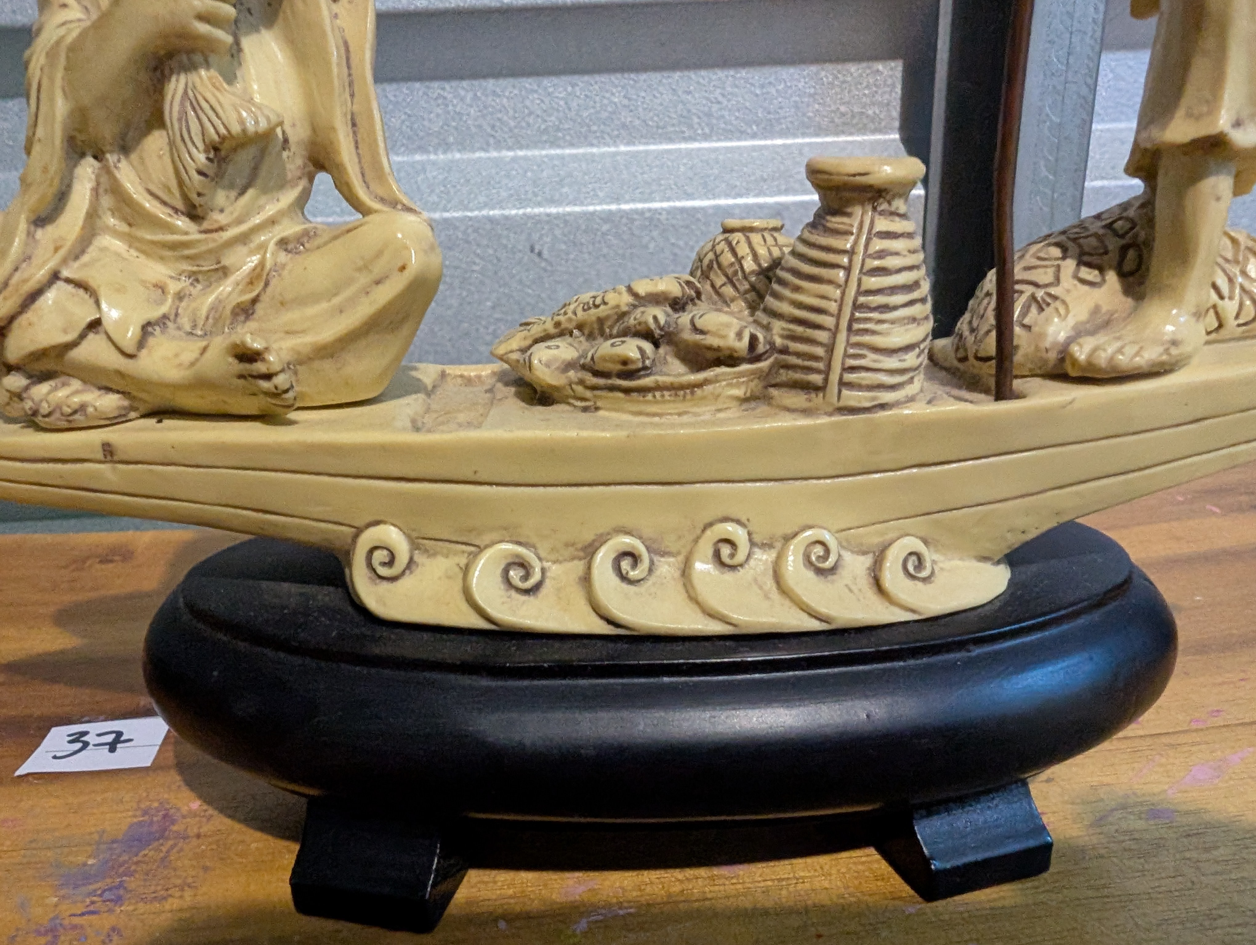 Chinese Men Fishing from a Boat Ivory-look Resin