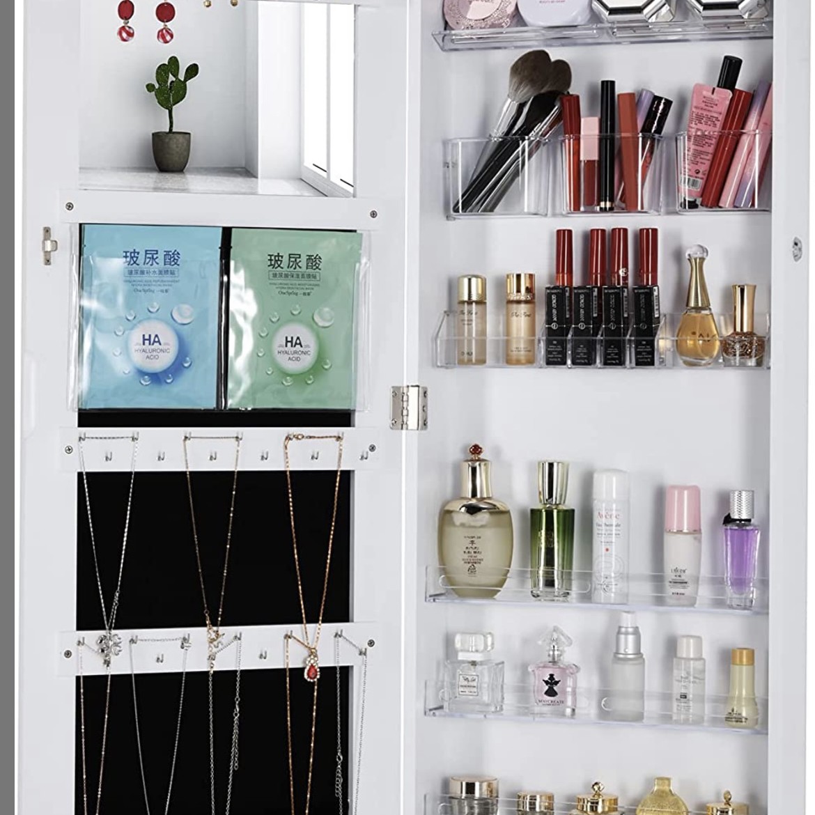 White mirror with jewelry and makeup cabinets 