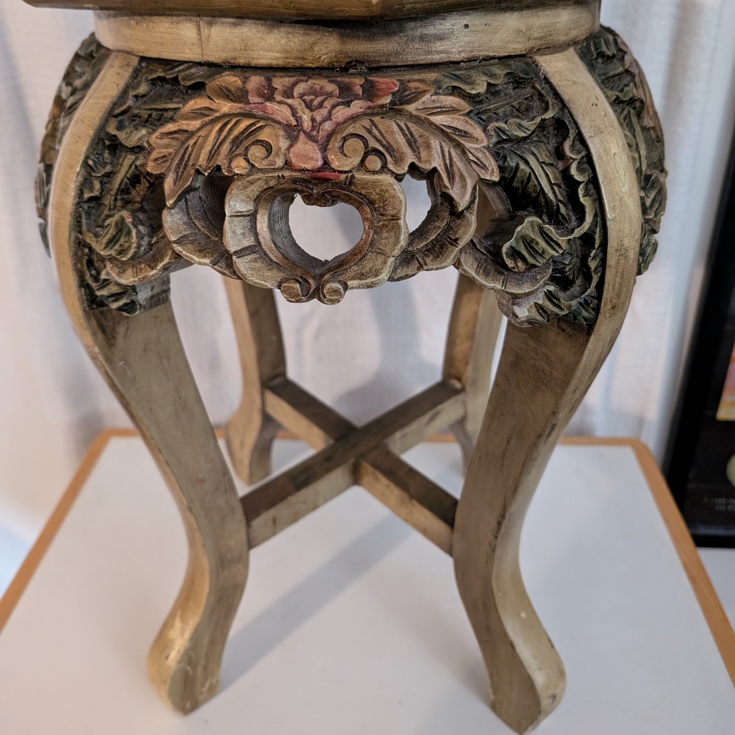 Vintage Wood Plant Stand/End Table/Pedestal with Inset Marble Top 