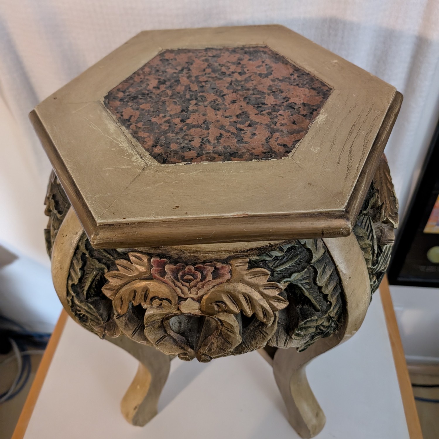 Vintage Wood Plant Stand/End Table/Pedestal with Inset Marble Top 