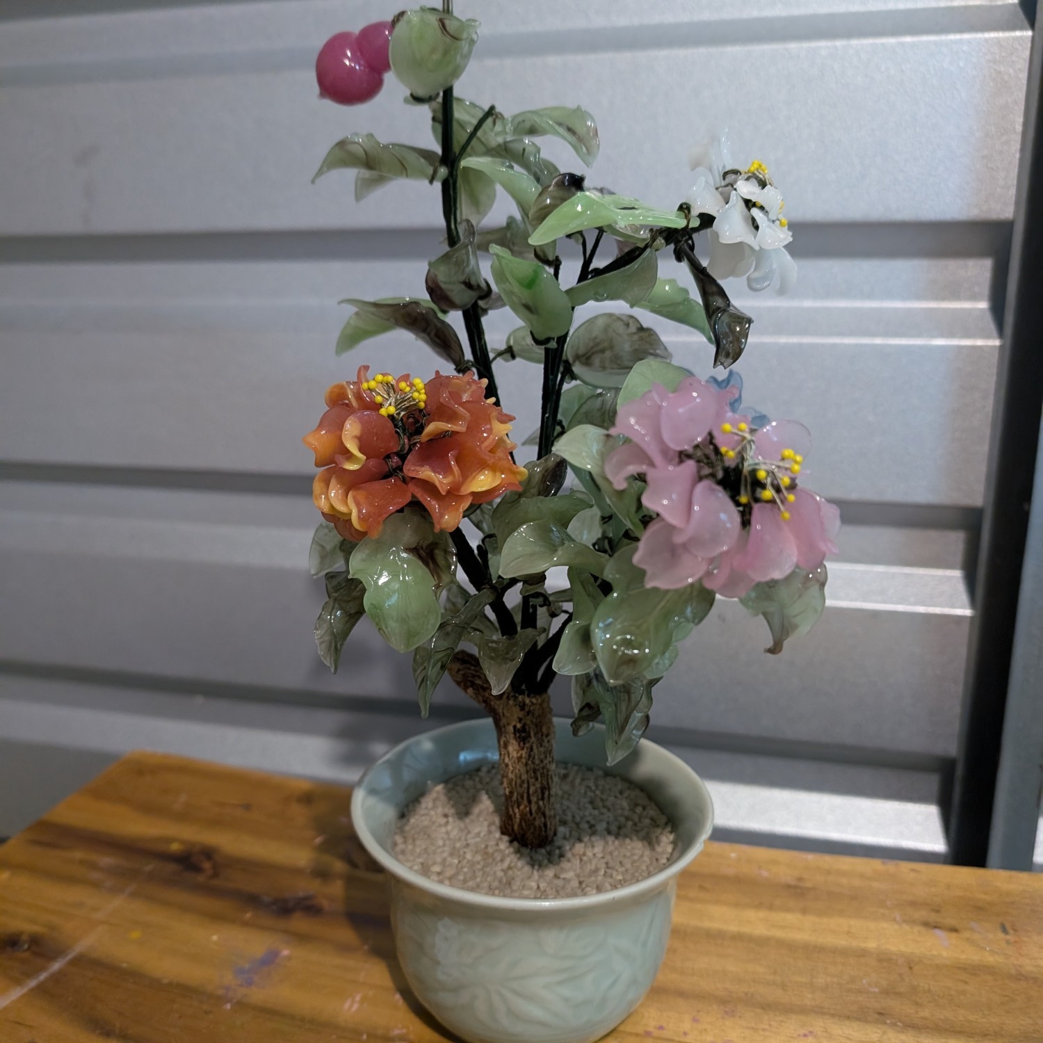 Vintage Chinese Glass Jade Bonsai Tree (15” tall)