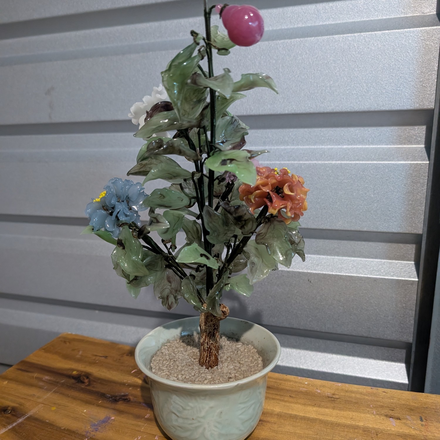 Vintage Chinese Glass Jade Bonsai Tree (15” tall)