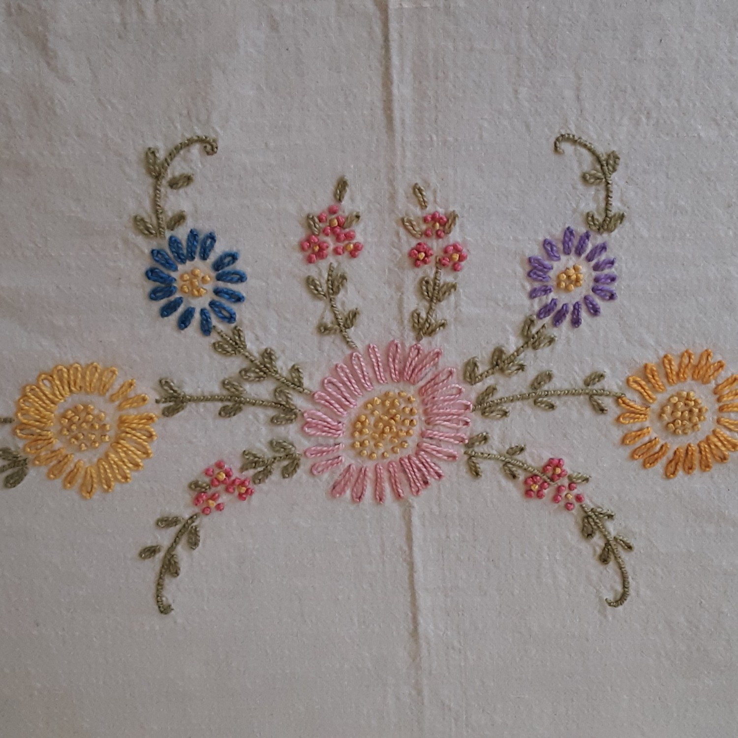 Vintage Floral Embroidered Linen Coverlet