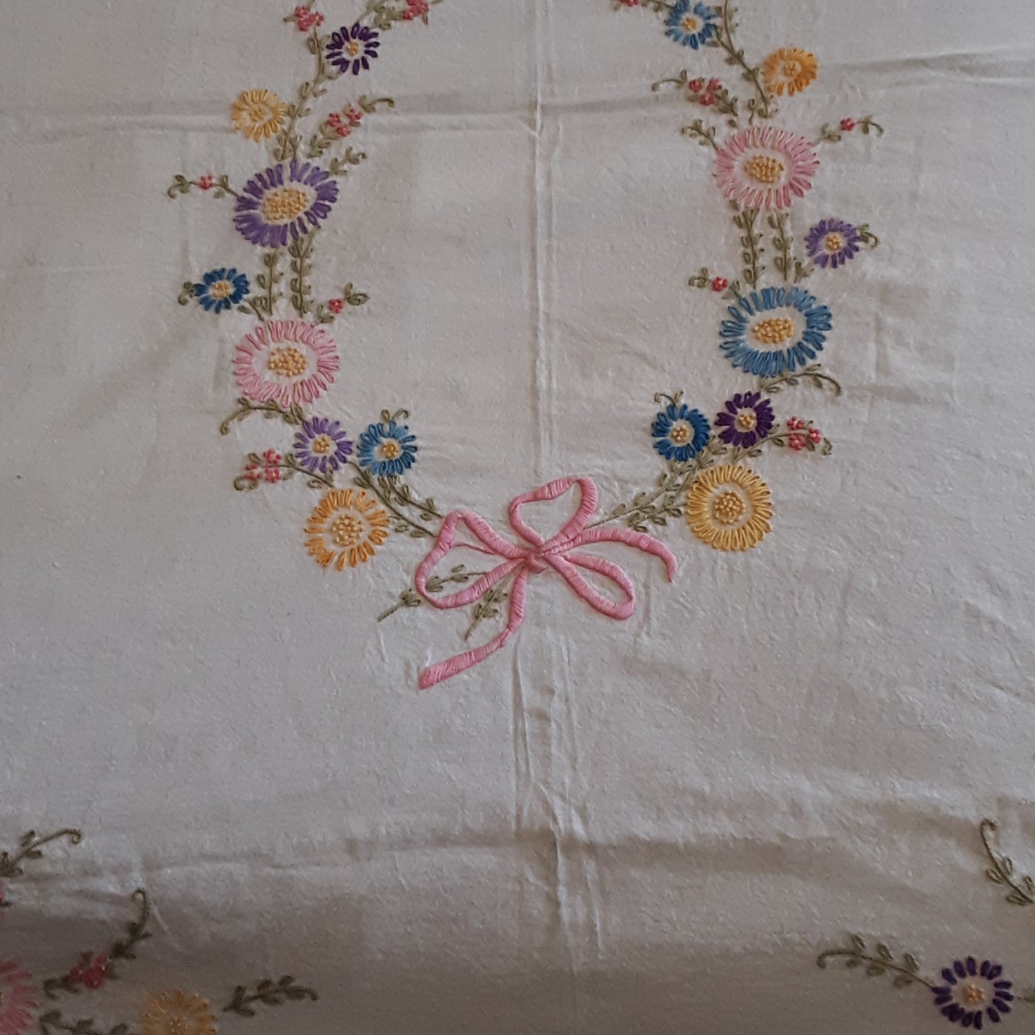Vintage Floral Embroidered Linen Coverlet