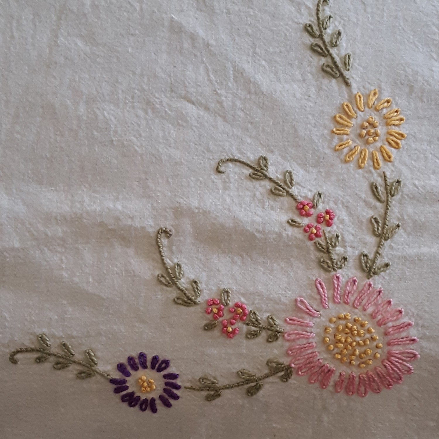 Vintage Floral Embroidered Linen Coverlet