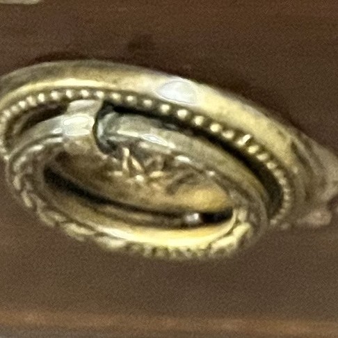 Vintage wood (mahogany?) coffee table w/ inlay design, drawer and ring pull knobs