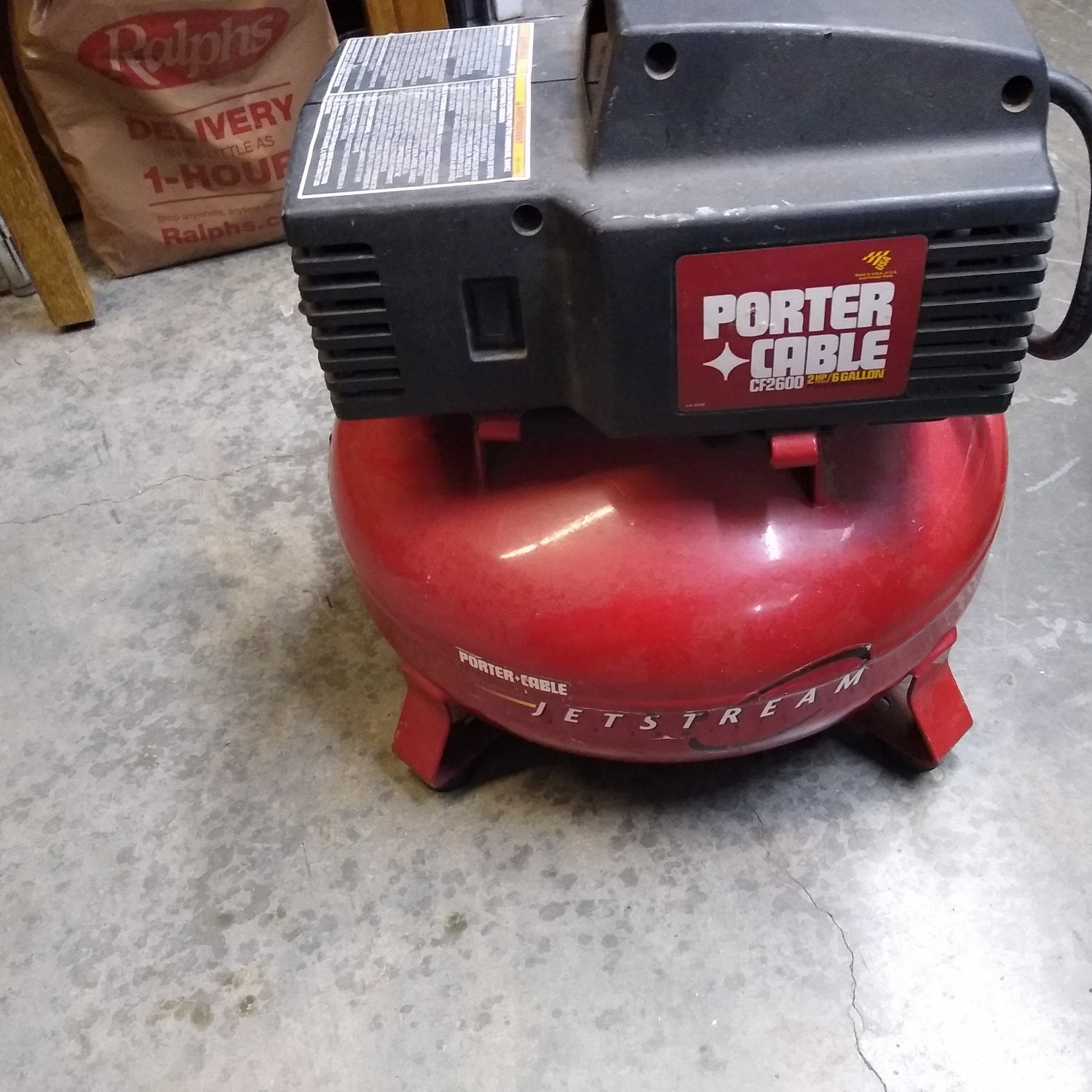 Porter Cable 6 gallon compressor. Works great.