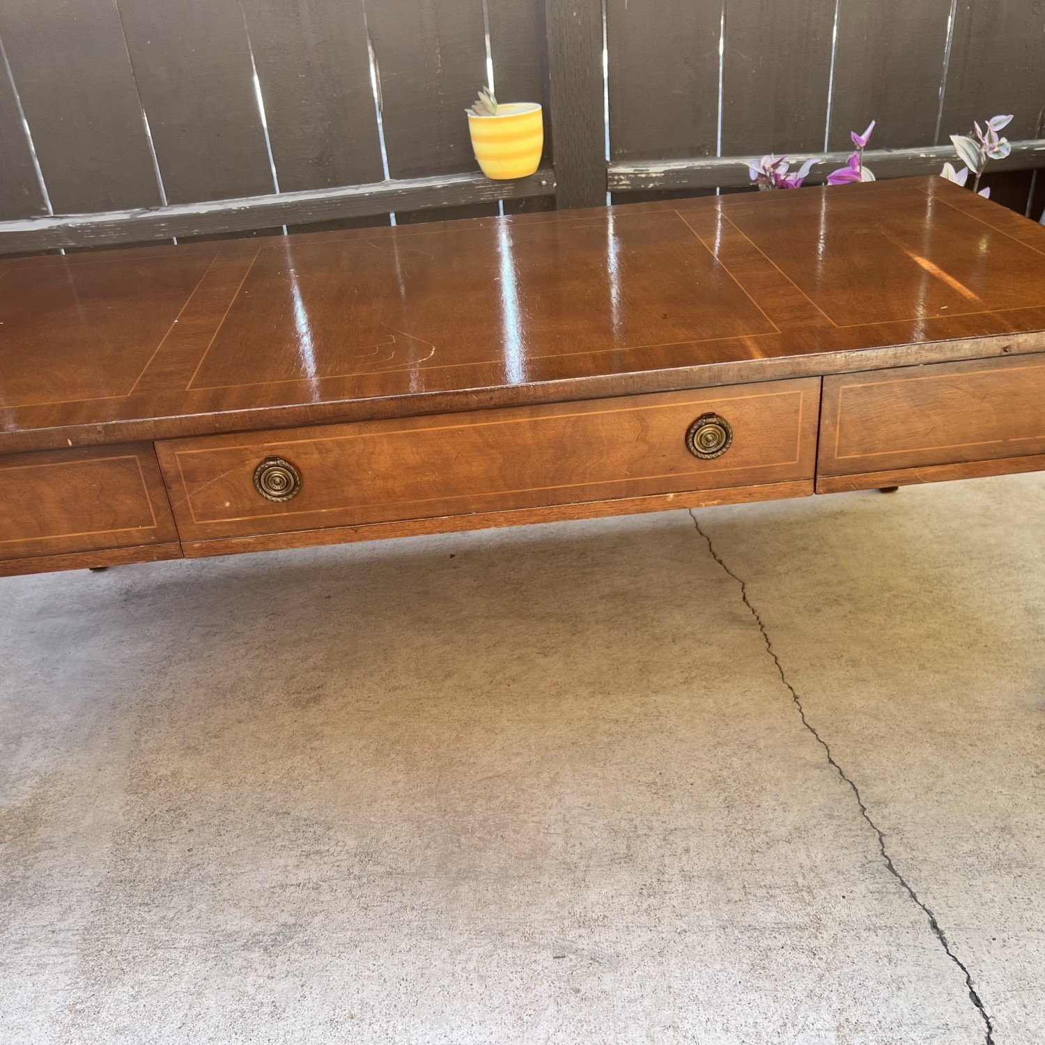Vintage wood (mahogany?) coffee table w/ inlay design, drawer and ring pull knobs