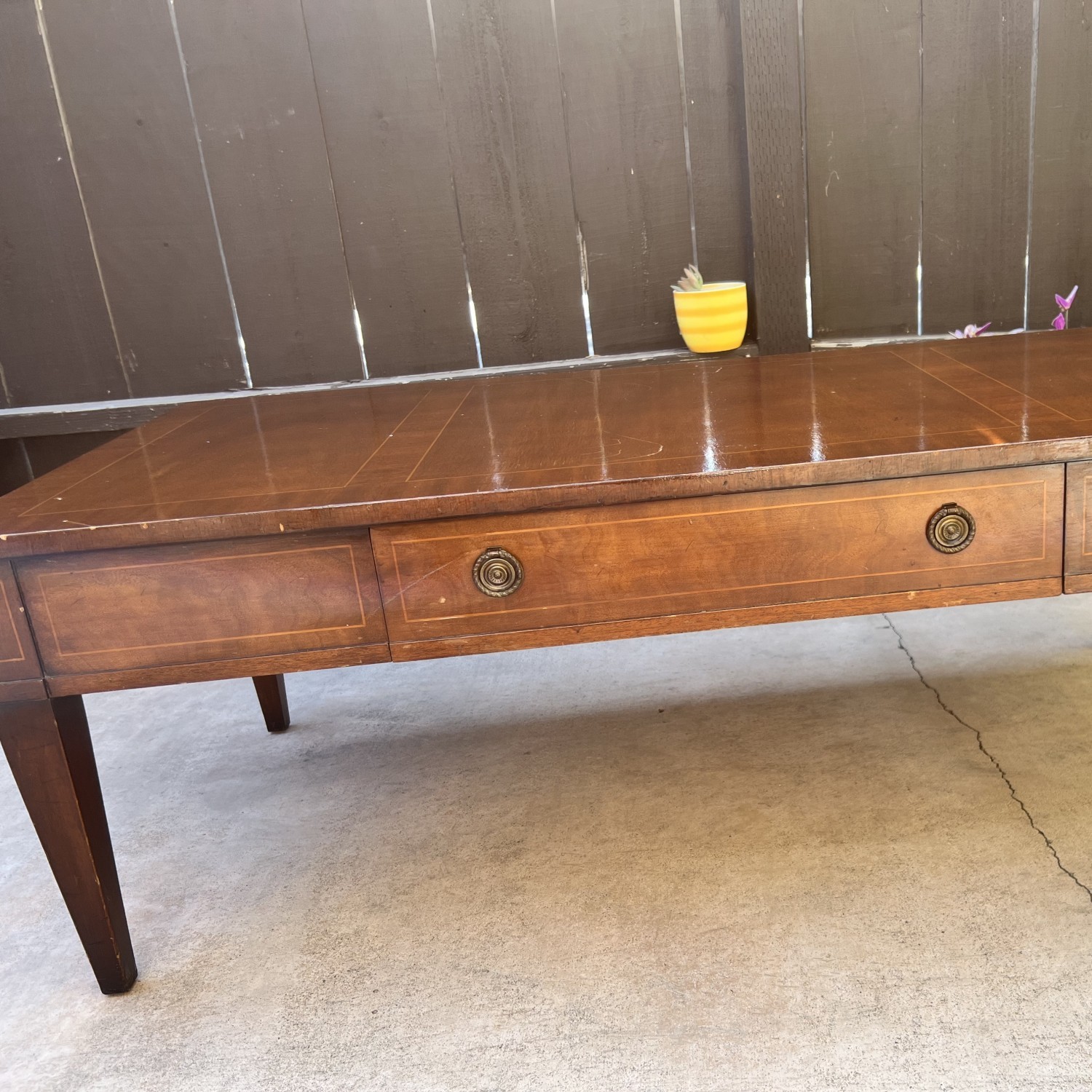 Vintage wood (mahogany?) coffee table w/ inlay design, drawer and ring pull knobs