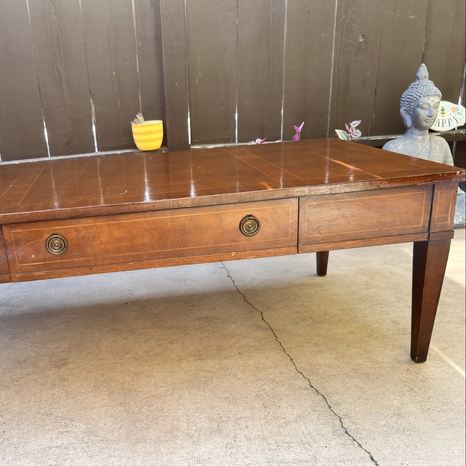 Vintage wood (mahogany?) coffee table w/ inlay design, drawer and ring pull knobs