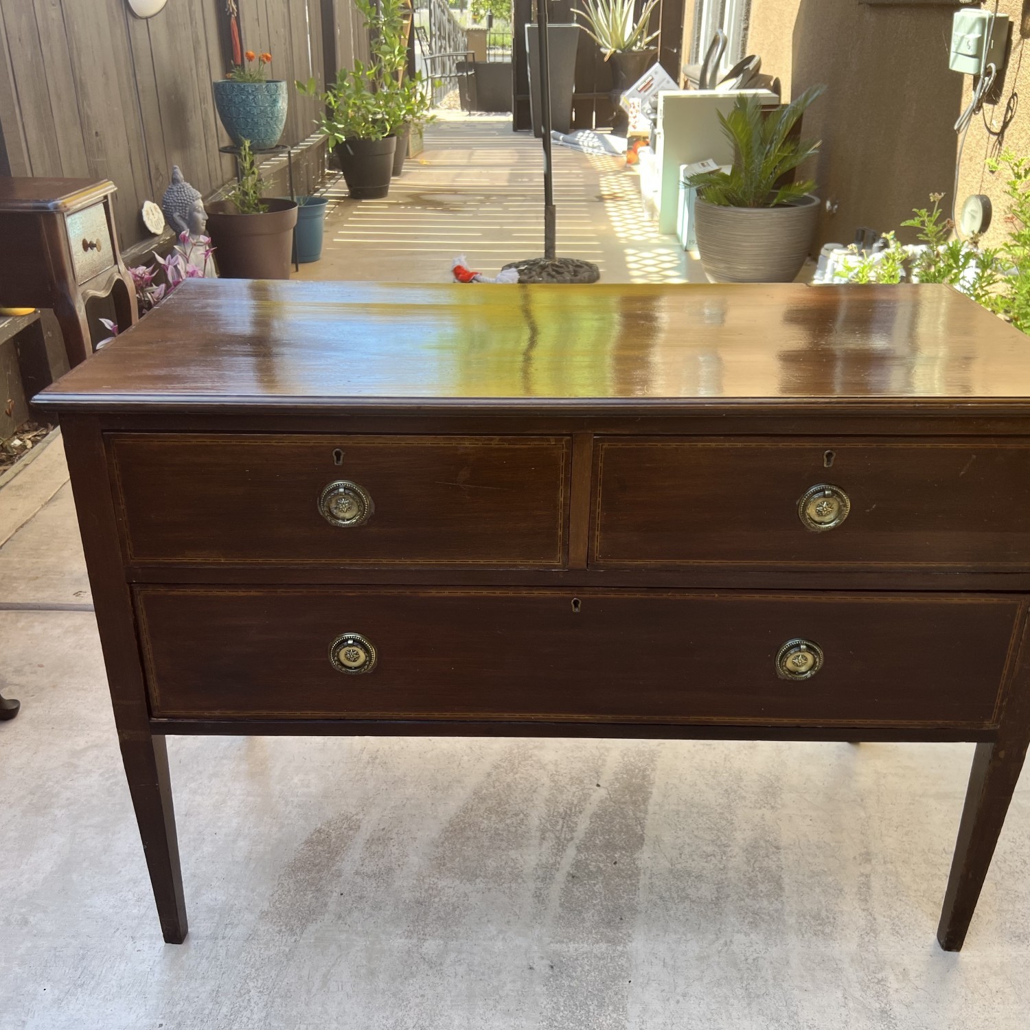 Vintage wood (mahogany?)  chest of drawers w/ inlay and ring pull knobs