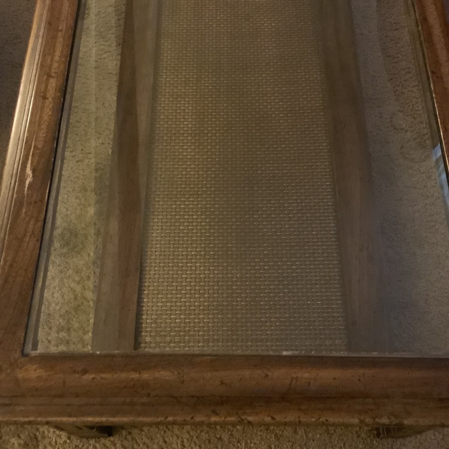 Wood Coffee Table with Glass Top and Woven Shelf