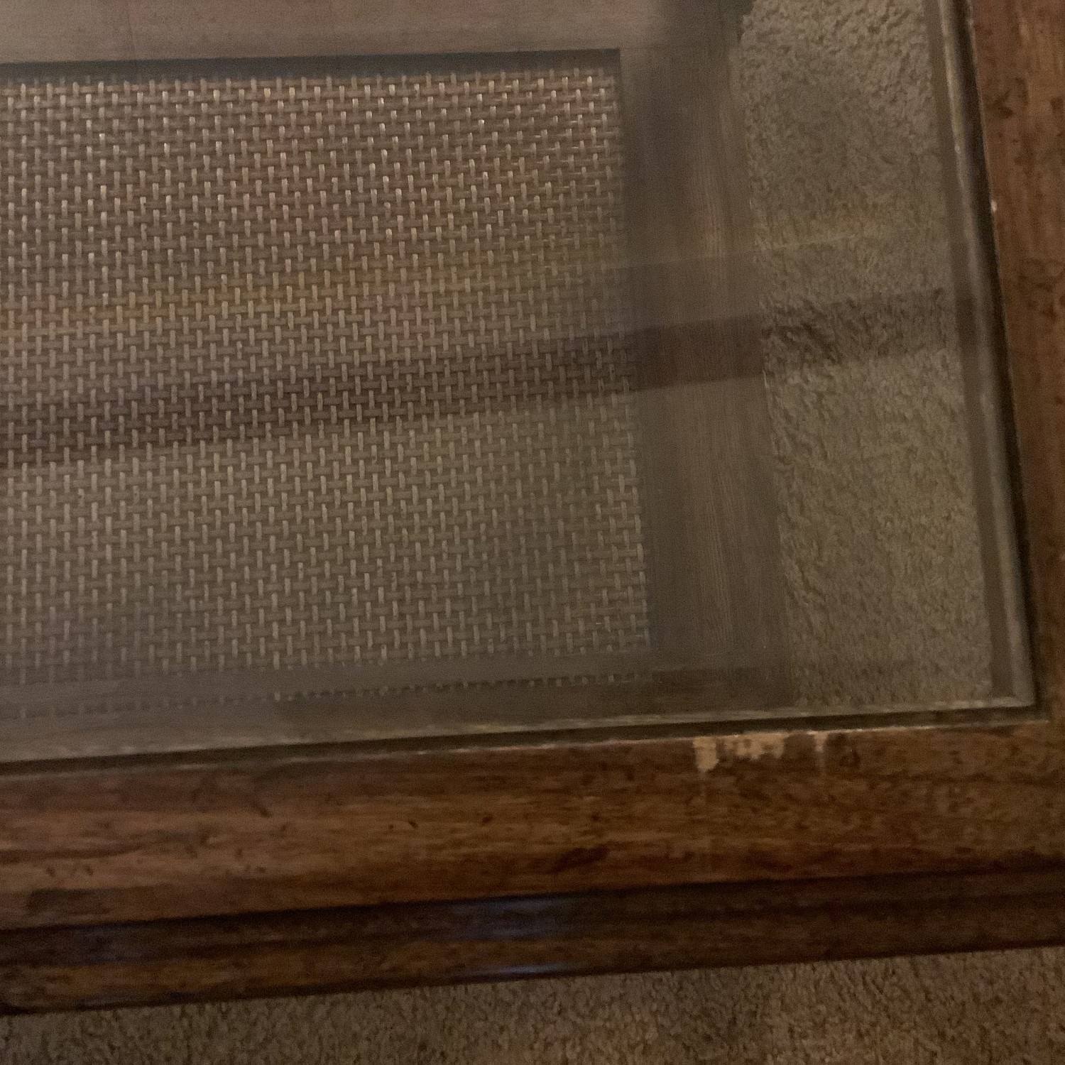 Wood Coffee Table with Glass Top and Woven Shelf