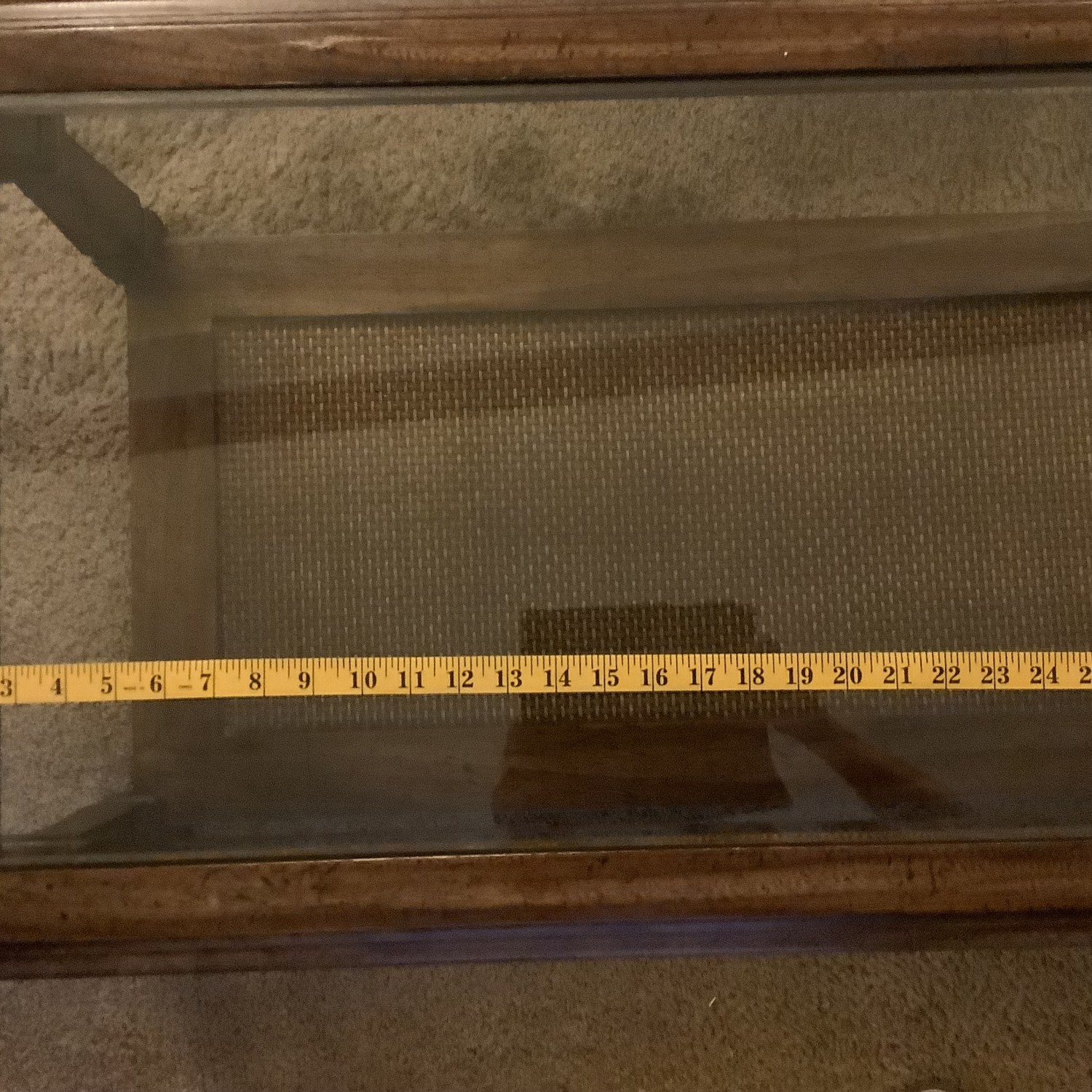 Wood Coffee Table with Glass Top and Woven Shelf