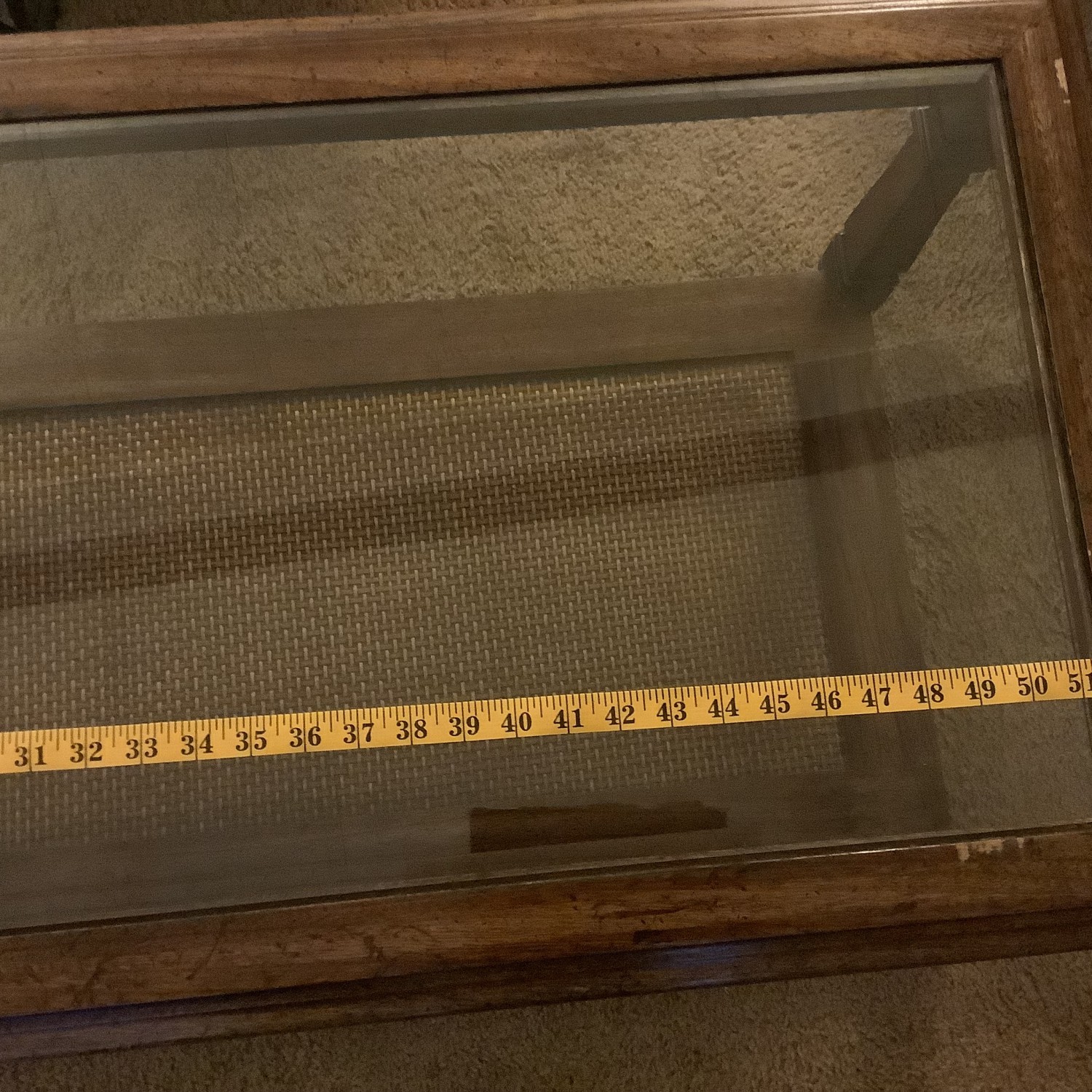 Wood Coffee Table with Glass Top and Woven Shelf