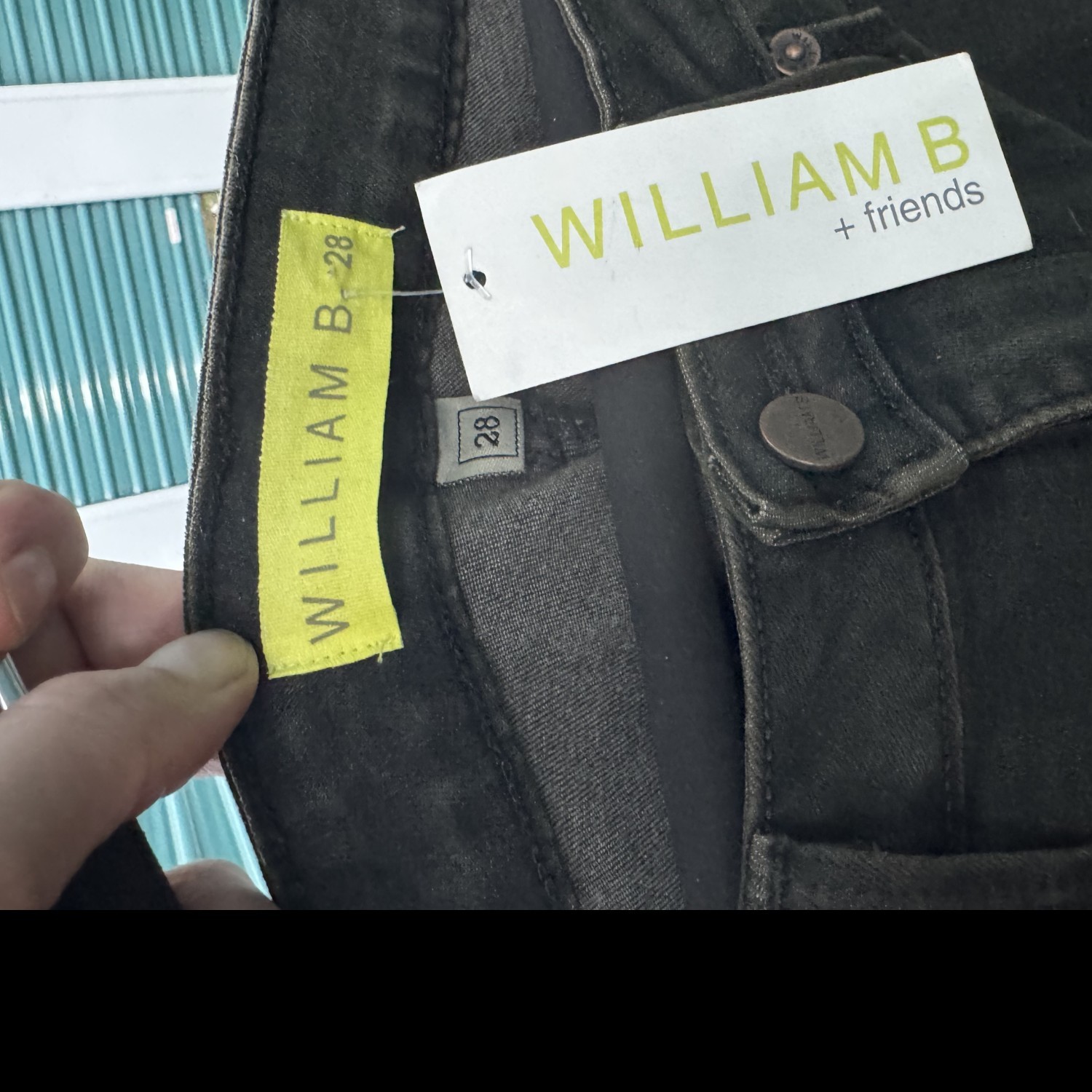 Brand New William B Jeans — size 28, cool green, ripped knees, chic