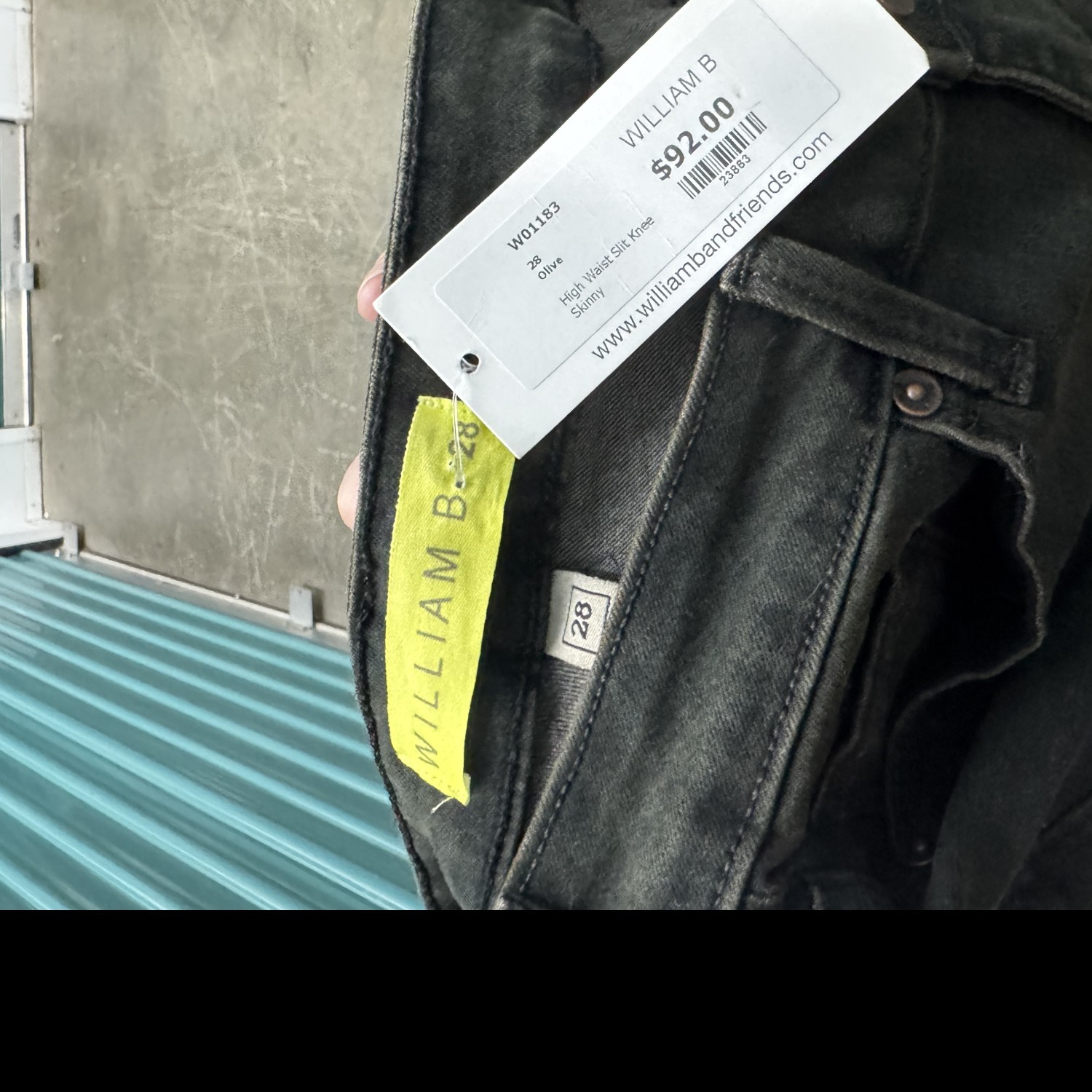Brand New William B Jeans — size 28, cool green, ripped knees, chic