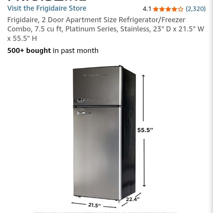 Mini Frigidaire, 2Door Apartment Size Refrigerator/Freezer Combo, 7.5 cu ft, Platinum Series