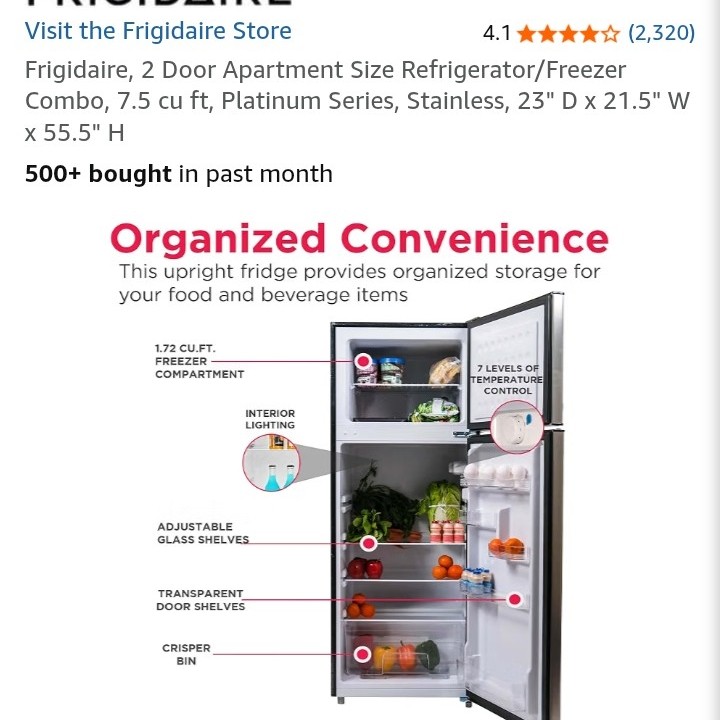 Mini Frigidaire, 2Door Apartment Size Refrigerator/Freezer Combo, 7.5 cu ft, Platinum Series